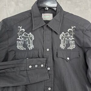 H Bar C Size Large Western Shirt Black Pearl Snap Embroidered Saddle Boots